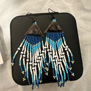 Handmade Inuit beaded Fringe Earrings in blue, white and Black